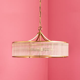 Athena Chandelier in brass with glass rods and frosted glass baffle