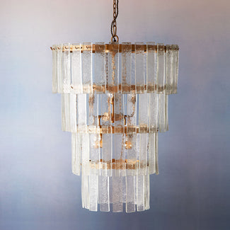 Four tiered Starsky chandelier with clear recycled pressed glass strips