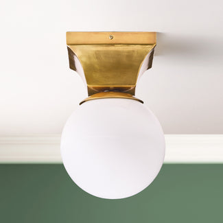 Globe flush light in brass and opaline glass