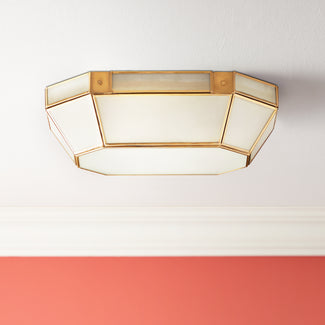Hezion IP44 flush ceiling light in brass and frosted glass