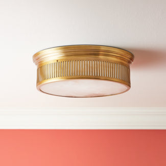Mulberry IP44 flush light in antique brass and alabaster
