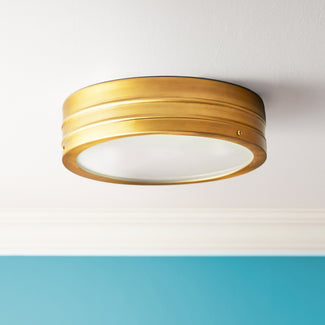 Wisteria IP44 flush ceiling light in antique brass and frosted glass
