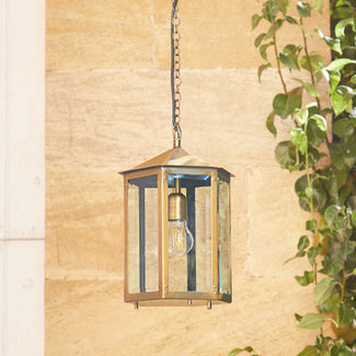 Cromer IP44 exterior hanging lantern in antique brass