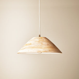 Smaller Rockport pendant in wood with white enamel interior