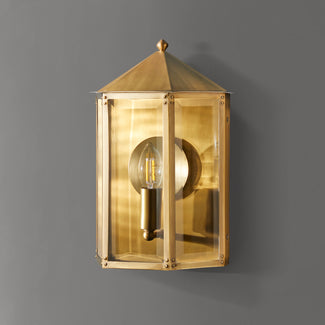 St Ives IP44 exterior wall light with brass reflector in antique brass