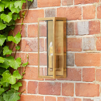 Orford long and thin IP44 exterior wall light in antique brass