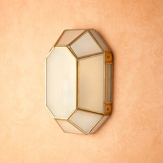 Hezion IP44 wall light in brass and frosted glass